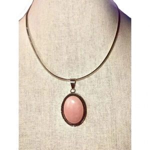 STERLING Silver 925 Large Pink Jade Pendant Necklace On Herringbone Chain